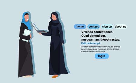 Arabic woman holding paper document laptop wearing traditional clothes black saree working communication concept arab businesswoman female cartoon character avatar blue background flat horizontal copy space vector illustrationのイラスト素材