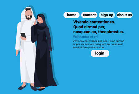 Arabic business man woman using smartphone wearing traditional clothes arab couple black white saree standing together cartoon character avatar blue background flat full length horizontal copy space vector illustrationのイラスト素材