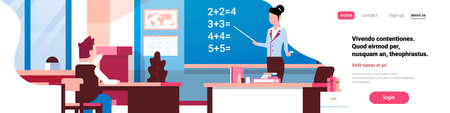 School math lesson female teacher pupil boy classroom successful study concept horizontal banner flat copy space vector illustrationのイラスト素材