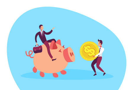 businessman sitting on piggy box carrying dollar coin growth wealth teamwork concept cartoon character full length flat horizontal vector illustrationのイラスト素材