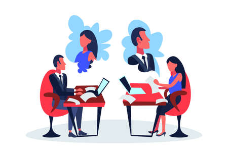 infatuated business couple sitting office workplace thinking about each other dream working process concept cartoon character isolated full length flat vector illustrationのイラスト素材