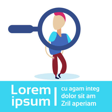 Magnifying zoom glass business person hipster man candidate concept recruitment cartoon character isolated copy space flat vector illustrationのイラスト素材