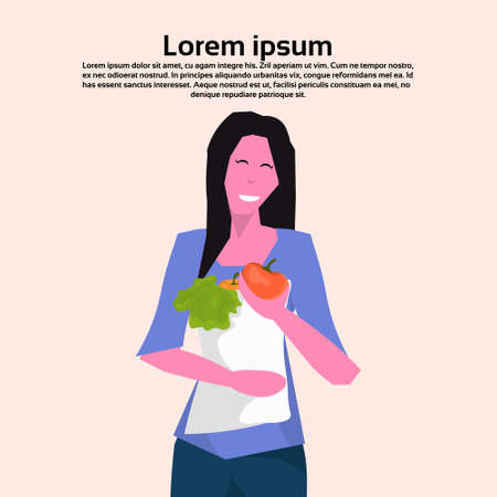 woman holding fresh food vegetables paper package healthy lifestyle concept female cartoon character flat portrait copy space vector illustrationのイラスト素材