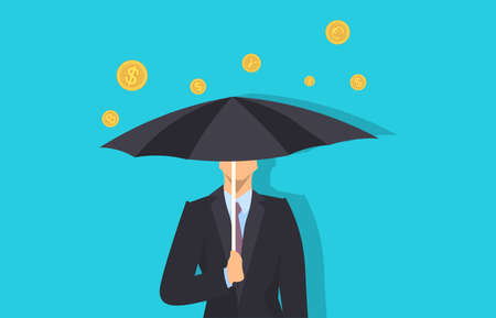businessman holding umbrella dollar coin money protection concept male cartoon character horizontal portrait flat blue background vector illustrationのイラスト素材