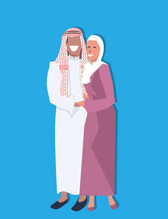 Arabic couple standing together wearing traditional clothes happy arab man woman cartoon character avatar blue background flat full length vertical vector illustrationのイラスト素材