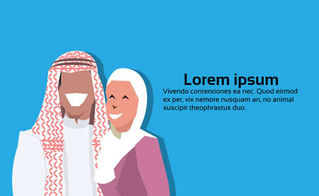 Arabic couple wearing traditional clothes happy arab man woman cartoon character avatar blue background flat portrait horizontal copy space vector illustrationのイラスト素材