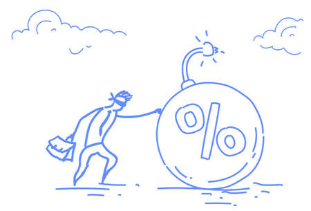 businessman closed eyes pushing percent debt bomb business crisis concept horizontal sketch doodle vector illustrationのイラスト素材
