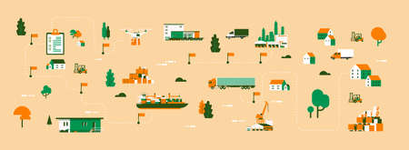 Logistics different delivery map drone cargo trucking maritime shipping transportation isometric distribution vehicles transportation concept flat horizontal banner vector illustrationのイラスト素材