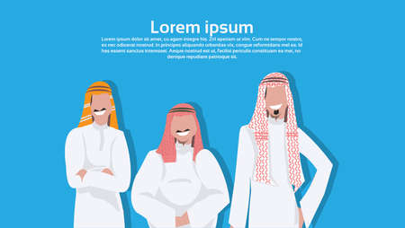 Arabic business men standing together different body type wearing traditional clothes arab...