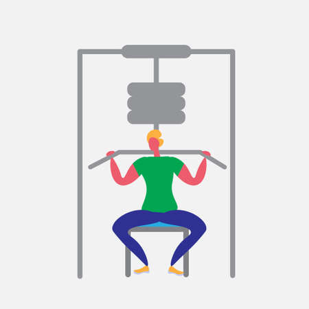 sportsman training back simulator gym exercises machines sports equipment strong male fitness cartoon character healthy lifestyle concept isolated full length flat vector illustrationのイラスト素材