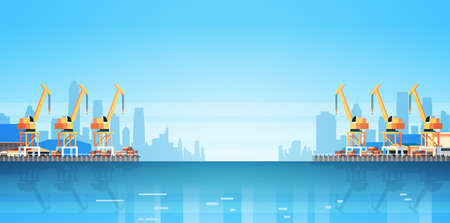 Industrial sea port cargo logistics container import export crane water delivery transportation concept shipping dock flat horizontal vector illustrationのイラスト素材