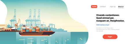 Industrial sea port cargo logistics container import export freight ship crane water delivery transportation concept shipping dock flat horizontal banner copy space vector illustrationのイラスト素材