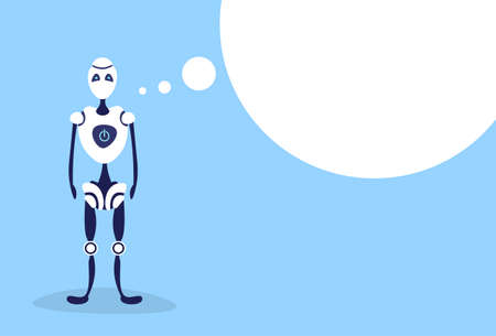 modern robot chat bubble bot helper artificial intelligence concept cartoon character blue background full length flat horizontal vector illustrationのイラスト素材