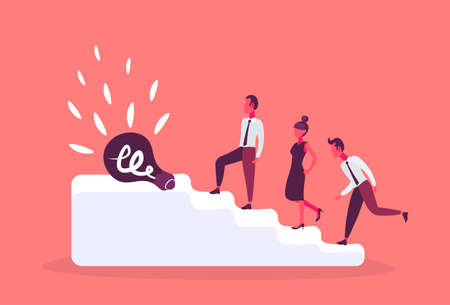 light lamp top ladder podium business team climbing teamwork startup new idea concept cartoon character full length flat vector illustrationのイラスト素材
