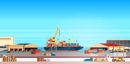 Industrial sea port cargo logistics container import export freight ship crane water delivery transportation concept shipping dock flat horizontal vector illustrationのイラスト素材