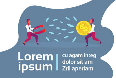 Businessman magnet pulling man holding dollar coin stealing concept flat horizontal copy space vector illustrationのイラスト素材