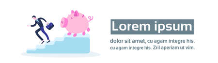 businessman running down stairs piggy bank podium growth wealth concept cartoon character full length flat horizontal banner copy space vector illustrationのイラスト素材