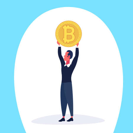 Businessman holding bitcoin coin mining crypto currency concept man cartoon character full length flat flat vector illustrationのイラスト素材