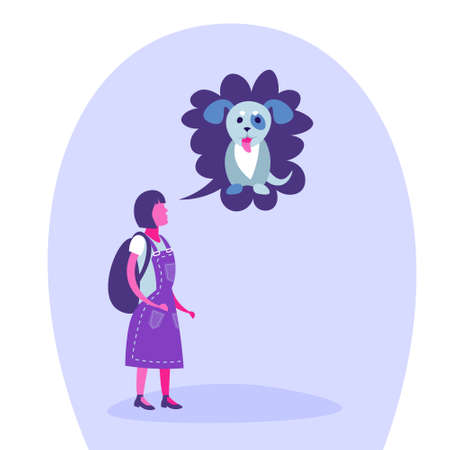 school girl thinking speech bubble dog teenager dream pets concept isolated full length cartoon character flat vector illustrationのイラスト素材