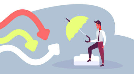 Businessman hold umbrella colorful curved lines arrow up crisis protection concept horizontal flat vector illustrationのイラスト素材