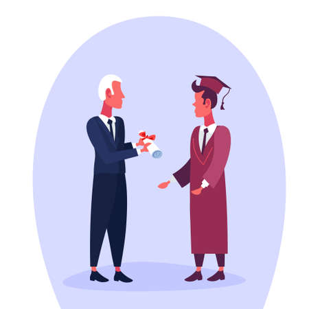 professor giving diploma man graduate cap certificate on graduation day education concept cartoon character flat full length vector illustrationのイラスト素材