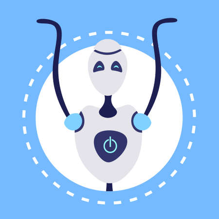 modern robot avatar raising hands up bot helper artificial intelligence concept cartoon character portrait round frame flat vector illustrationのイラスト素材