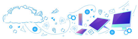 Cloud computing concept design diversity devices connected synchronization network data storage horizontal sketch doodle vector illustrationのイラスト素材