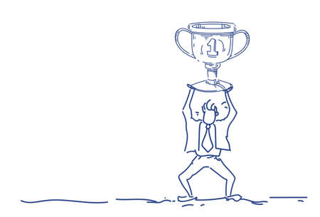 businessman holding winner cup trophy first place concept man silhouette success best worker horizontal sketch doodle vector illustrationのイラスト素材
