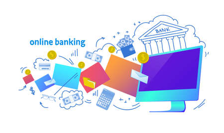Online banking internet electronic payment horizontal banner computer virtual money transaction sketch doodle vector illustrationのイラスト素材