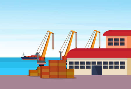 Industrial sea port freight ship cargo crane logistics container loading warehouse water delivery transportation concept international shipping seaside flat horizontal banner illustrationのイラスト素材