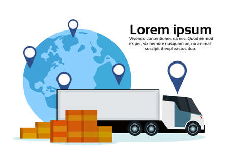 cargo semi truck geo tag world map delivery transport parcel packages navigation destination international global location shipping industrial concept flat horizontal copy space vector illustrationのイラスト素材