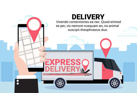 mobile app cargo minivan geo tag delivery transport parcel packages navigation destination city map location shipping industrial concept cityscape background flat horizontal copy space vector illustrationのイラスト素材