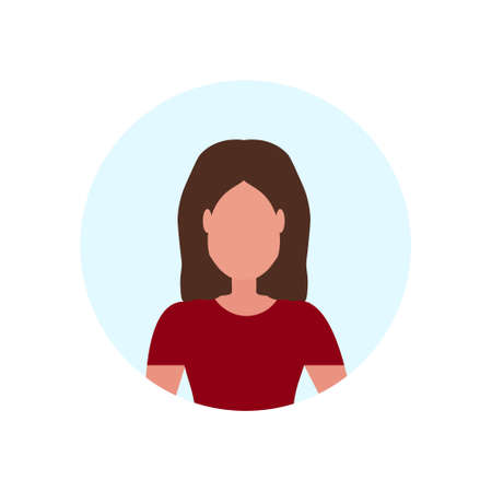 brown hair woman avatar isolated round frame female cartoon character portrait flat vector illustrationのイラスト素材