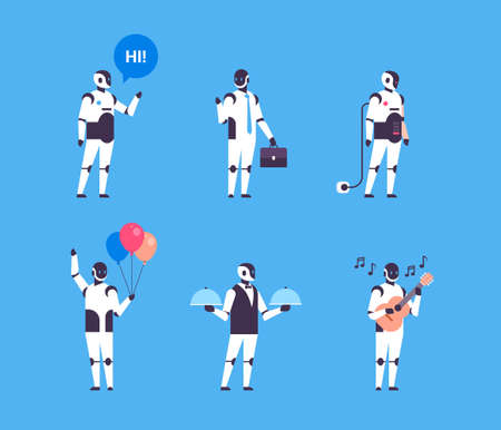 set bot helper robot personal assistant diversity professions communication collection robot character artificial intelligence concept blue background flat full length vector illustrationのイラスト素材