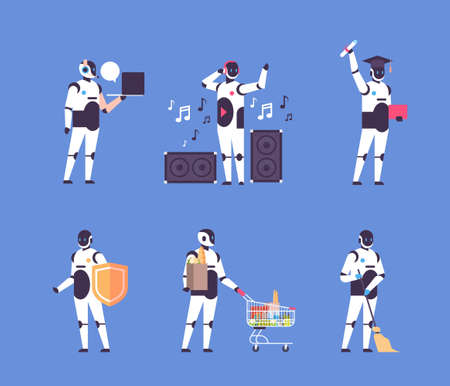 set bot helper robot personal assistant diversity professions communication collection robot character artificial intelligence concept blue background flat full length vector illustrationのイラスト素材