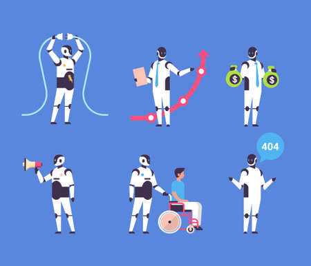 set bot helper robot personal assistant diversity professions communication collection robot character artificial intelligence concept blue background flat full length vector illustrationのイラスト素材