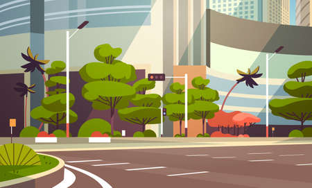 City empty street skyscraper buildings road view modern cityscape empty downtown horizontal flat vector illustrationのイラスト素材