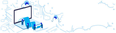 electronic bill online payment laptop screen check tape people teamwork process concept doodle...