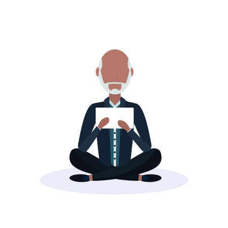 asian old man sitting pose isolated using tablet male faceless cartoon character flat vector illustrationのイラスト素材