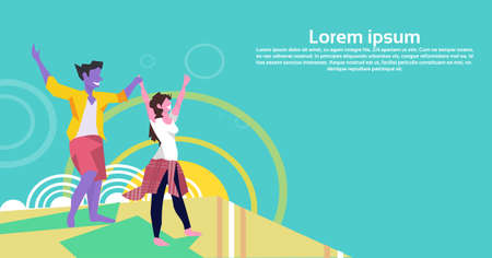 violet couple cartoon character art man woman tourists sunrise background fabulous personage vacation concept copy space flat vector illustrationのイラスト素材