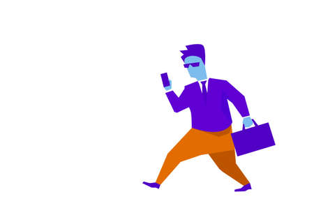 businessman using smartphone suitcase going to business meeting punctuality concept hard working process isolated horizontal vector illustrationのイラスト素材