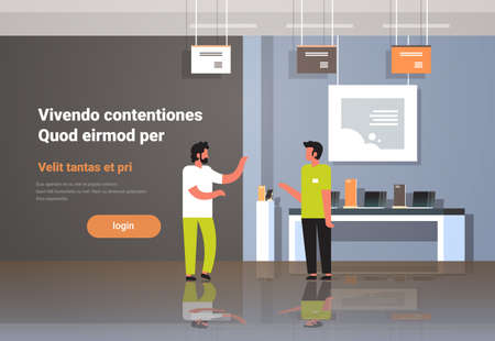male consultant provides expert advice man customer in modern technology store interior digital...