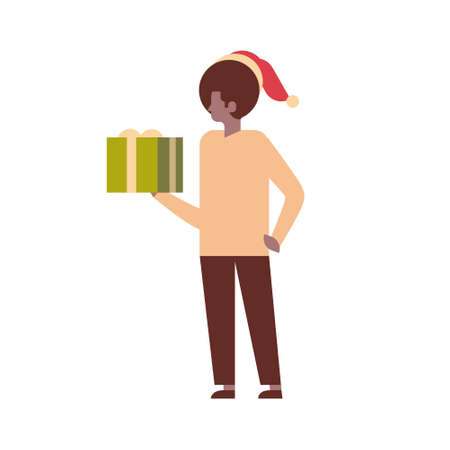 african american man hold gift box present merry christmas happy new year holiday celebration concept full length male cartoon character isolated flat vector illustrationのイラスト素材