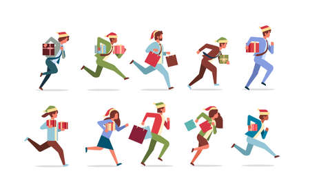 set running business people hold present gift box new year christmas holidays celebration concept flat horizontal isolated vector illustrationのイラスト素材