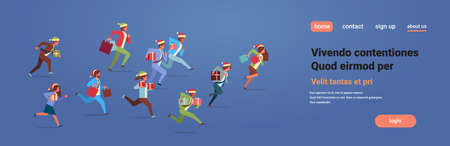 running business people hold present gift box new year christmas holidays celebration concept flat horizontal blue background copy space vector illustrationのイラスト素材