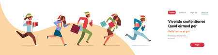 business people running hold present gift box new year christmas holidays celebration concept flat horizontal banner copy space vector illustrationのイラスト素材