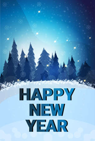 happy new year merry christmas concept winter fir tree forest landscape inscription flat vertical vector illustrationのイラスト素材
