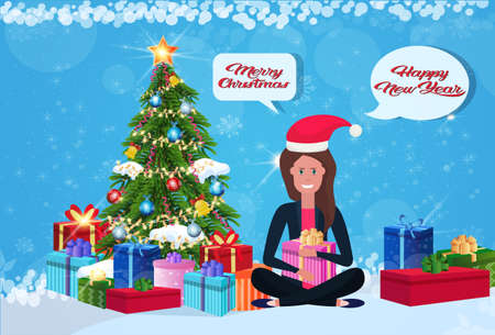 woman sitting lotus pose fir tree gift box decoration new year merry christmas concept flat chat bubble communication horizontal vector illustrationのイラスト素材