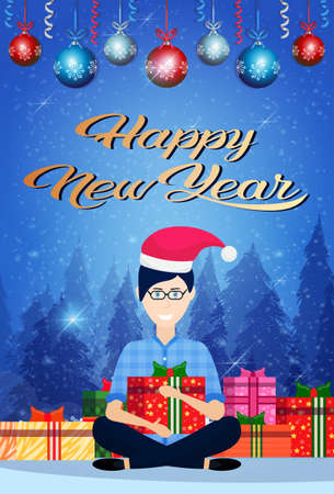 man sitting lotus pose gift box balls decoration new year merry christmas concept flat male cartoon character vertical vector illustrationのイラスト素材