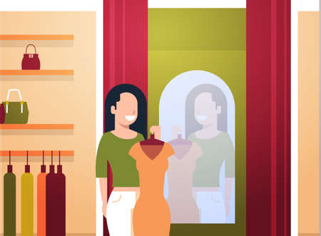 business woman trying on new dress elegant woman looking at mirror fashion shop female clothes market modern shopping mall interior flat horizontal vector illustrationのイラスト素材